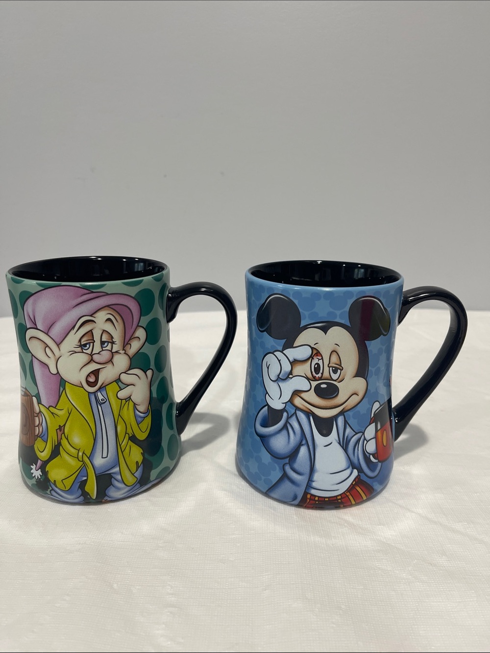 Disney Parks exclusive Mickey & Dopey Character Mugs rough mornings blue green